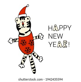 Happy New Year. Symbol of 2022. Cute white tiger. Christmas. Vector illustration.Wild animal. Cute animal character idea for child and kid printable stuff and t shirt, greeting card