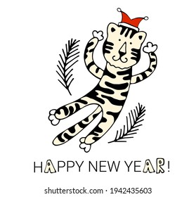Happy New Year. Symbol of 2022. Cute white tiger. Christmas. Vector illustration.Wild animal. Cute animal character idea for child and kid printable stuff and t shirt, greeting card