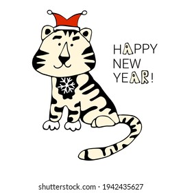 Happy New Year. Symbol of 2022. Cute white tiger. Christmas. Vector illustration.Wild animal. Cute animal character idea for child and kid printable stuff and t shirt, greeting card