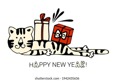 Happy New Year. Symbol of 2022. Cute white tiger. Christmas. Vector illustration.Wild animal. Cute animal character idea for child and kid printable stuff and t shirt, greeting card