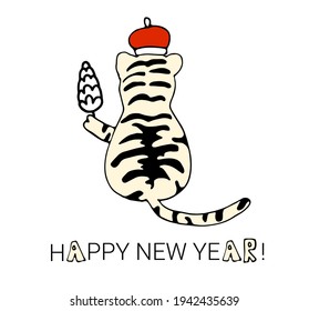 Happy New Year. Symbol of 2022. Cute white tiger. Christmas. Vector illustration.Wild animal. Cute animal character idea for child and kid printable stuff and t shirt, greeting card