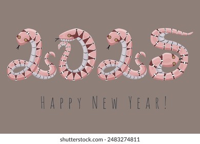 Happy New Year. Symbol of Chinese New Year 2025. Creative greeting card design with a cheerful pink snake in the form of numbers. Vector illustration for congratulations. website banner template