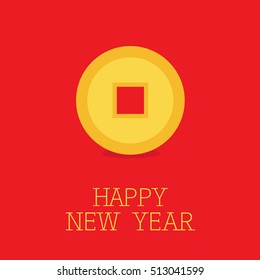 Happy New Year Symbol. Feng Shui Chinese Coin With Hole. China Gold Money. Flat Design. Red Background. Vector Illustration