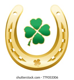 HAPPY NEW YEAR symbol - four leaf clover and golden horseshoe correctly with the open side up to attain happiness, success, wealth, fortune, health, prosperity and luck next year.