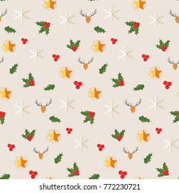 Happy New Year symbols seamless pattern with cartoons of snowflakes, leaves, reindeers on the rose background hand drawn vector illustration