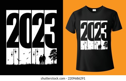 Happy New year t shirt design for print. 2023 tshirt graphic, vector, typography, illustration, text, calligraphy, tee. Best Background sublimation holiday style font t-shirt concept.