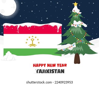Happy new year in Tajikistan with Christmas tree and snow, banner or content design idea, Tajikistan flag with pine tree, new year celebration idea, sky with full moon and stars, vector design