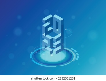 Happy new year technology solution background. isometric vector.