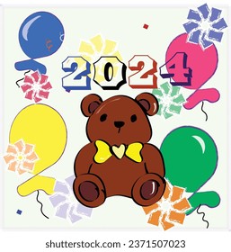  happy new year teddy bear 2024 text for banner design card