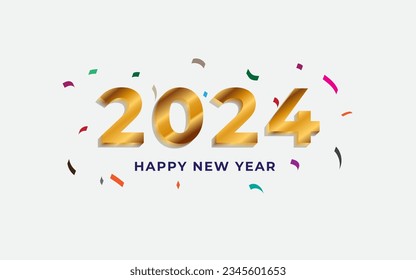 Happy new year template with 3D golden numbers and confetti. Greeting concept for 2024 new year celebration.