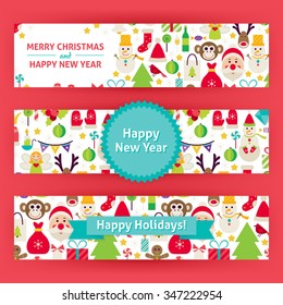 Happy New Year Template Banners Set Modern. Flat Design Vector Illustration of Brand Identity for Merry Christmas Promotion. Winter Holiday Colorful Pattern for Advertising.