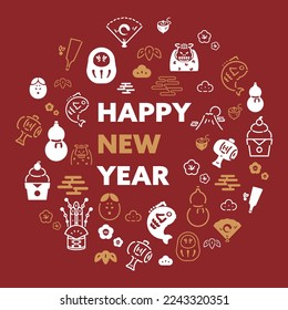 Happy New Year template decorated with line icons inspired by the Japanese New Year (red)