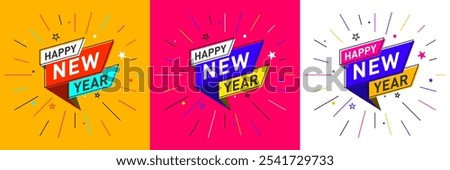Happy New Year template design in flat trendy Memphis geometric retro style poster, Mnemonic, Placard, Web, Concept, Template, Banner, Logo Design, Icon, Offer, Unit, Label, Web Header, Background