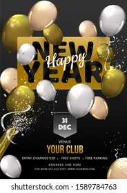 Happy New Year Template or Flyer Design Decorated with Balloons and Party Popper on Black Background.