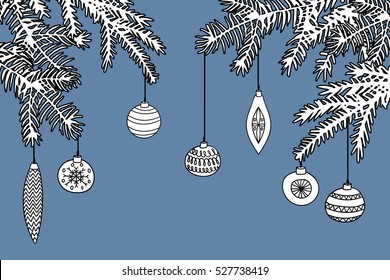 Happy New Year. Template for Greeting Congratulations, Invitations. Winter background with fir tree branches with decoration balls. Hand drawn. Sketched. Vector illustration.