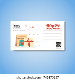 Happy New Year Template Greeting Card With Place For Company Logo And Address Flat Vector Illustration