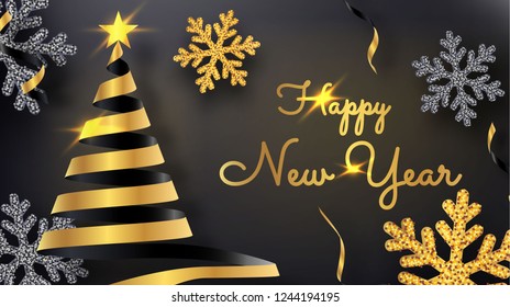 Happy new year template. Holiday vector illustration. Party invitation design. Festive decoration with glowing golden text, confetti particles, snowflake, ribbon christmas tree. vector 