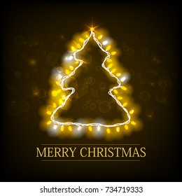 Happy New Year template with inscription Christmas tree silhouette and luminous garland on dark background vector illustration