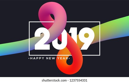 Happy New Year template or poster design with text 2019 and colorful abstract wavy pattern on black background.