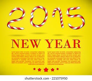 Happy New Year template stylized to look like vintage poster with digits made with candy cane pattern and yellow background.