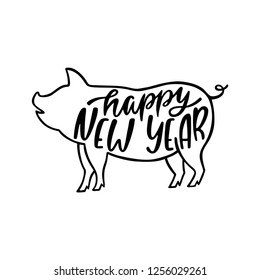 Happy New Year text. 2019 Chinese Year of the Pig. Hand drawn typography design. Calligraphy holiday inscription. Black ang white vector illustration isolated on white background.