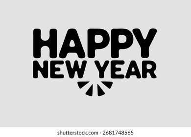 Happy New Year text with abstract sunburst graphic on grey background celebration holiday