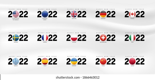 Happy New Year text banner or poster. 2022 flags of different countries, template for logo. 2022 Year Update. Design for banner, greeting cards, brochure or print. Vector isolated on white background.