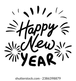 Happy New Year text banner. Handwriting text Happy New Year. Square holiday banner. Hand drawn vector art. 