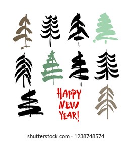 Happy new year text. Black and color brush calligraphy on white vector background with abstract christmas trees