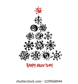 Happy new year text. Black snowflake Christmas tree on white background. White and red brush calligraphy. Christmas vector card