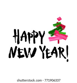 Happy new year text. Black brush calligraphy on white vector background with abstract christmas tree