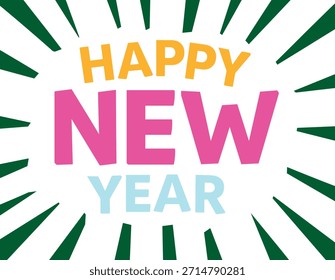 Texto feliz del año Nuevo en colores amarillos y azules rosados audaces con saludo verde de la camiseta de los rayos.