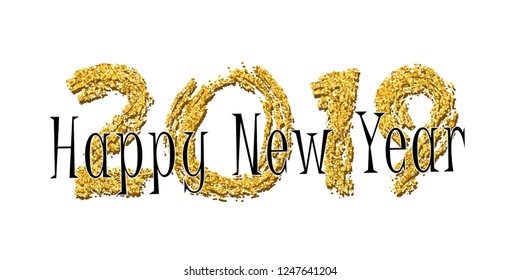 Happy New Year text. Bright gold number 2019 with sparkle isolated on white background. Holiday golden glitter design for Christmas celebrate, banner, decoration, greeting card Vector illustration