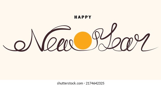 Feliz Año Nuevo. Texto dibujando una sola línea en un estilo de dibujo continuo. Círculo anaranjado - amanecer. Año Nuevo. Feliz Navidad. ilustración vectorial en fondo rosa pastel