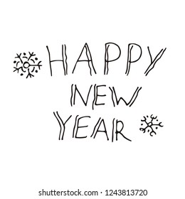 Happy new year text calligraphic handwriting  with snowflakes. lettering. vector Illustration.