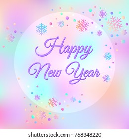 Happy New Year text for card for your design. Vector illustration. Holiday background. Bright colored snowflakes. Vector illustration.