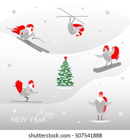 Happy new year text and cartoon roosters and hens. Birds on a light background. Winter sports vector.