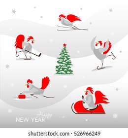 Happy new year text and cartoon roosters and hens. Birds on a light background. Winter sport vector. ?ute white cocks and hens with red tails do sports