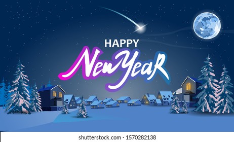 Happy New year text. Christmas card night landscape, trees, snowflakes. Vector illustration