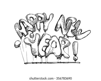 Happy New Year. Text Happy new year. Christmas text with bubbles and balloons.