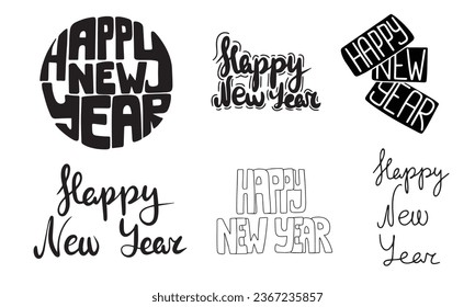 Happy New Year text collection. Hand drawn Happy New Year isolated on white background. Vector illustration