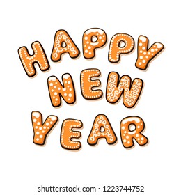 Happy New Year text composed of gingerbread cookies. Cartoon hand drawn letters. Vector illustration isolated on white background. Holiday greeting card, banner design element.