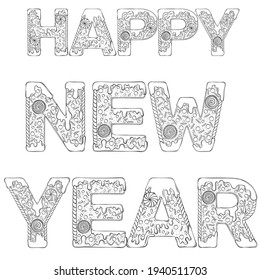 Happy New Year text composed of gingerbread cookies. Christmas lettering. Vector illustration in hand draw style isolated on white background. Design for coloring book page, card, poster, print.