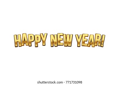 Happy new year text with confetti, gold shiny isolated design illustration