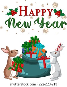 Froher Neujahrstext mit süßem Kaninchen für Bannerdesign-Illustration
