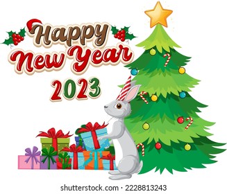 Happy New Year text with cute rabbit for banner design illustration