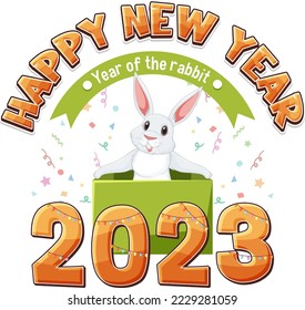 Happy New Year text with cute rabbit for banner design illustration