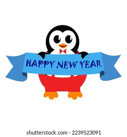 Happy New Year text with cute penguin for banner design illustration