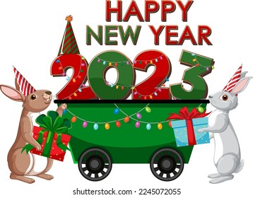Feliz Año Nuevo con conejo lindo para ilustración de diseño de banderas