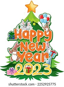 Happy New Year text with cute rabbit for banner design illustration